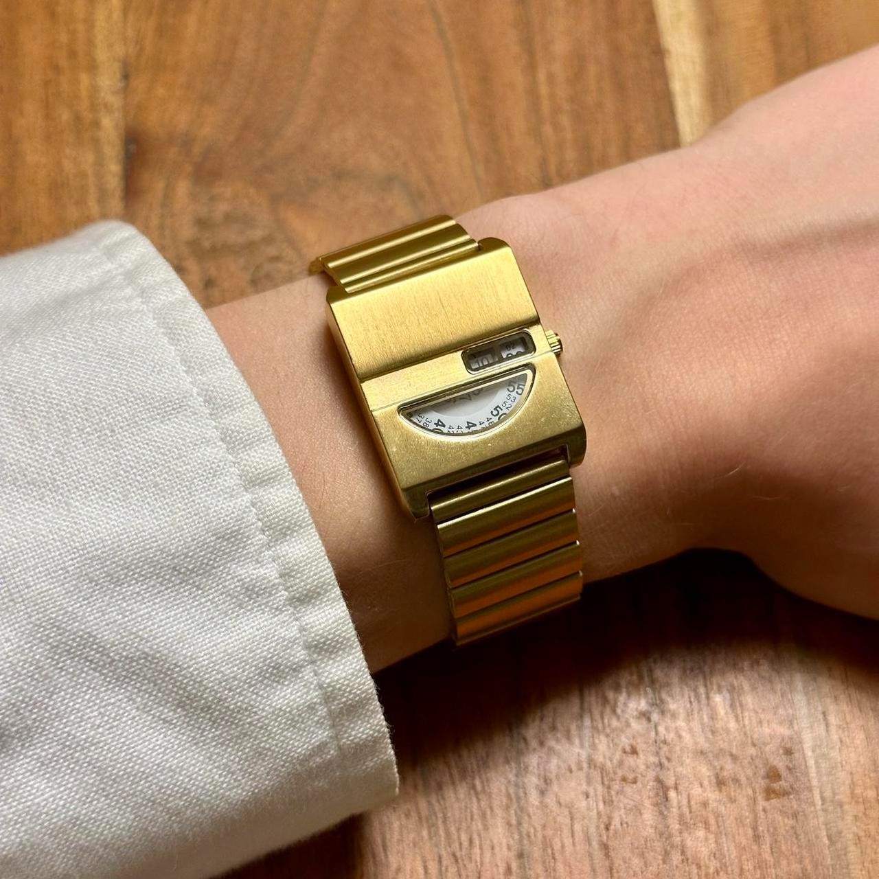 Vintage Gold Plated Watch Bracelet Green Dial Rotating Hour Hand Jewelry Gift