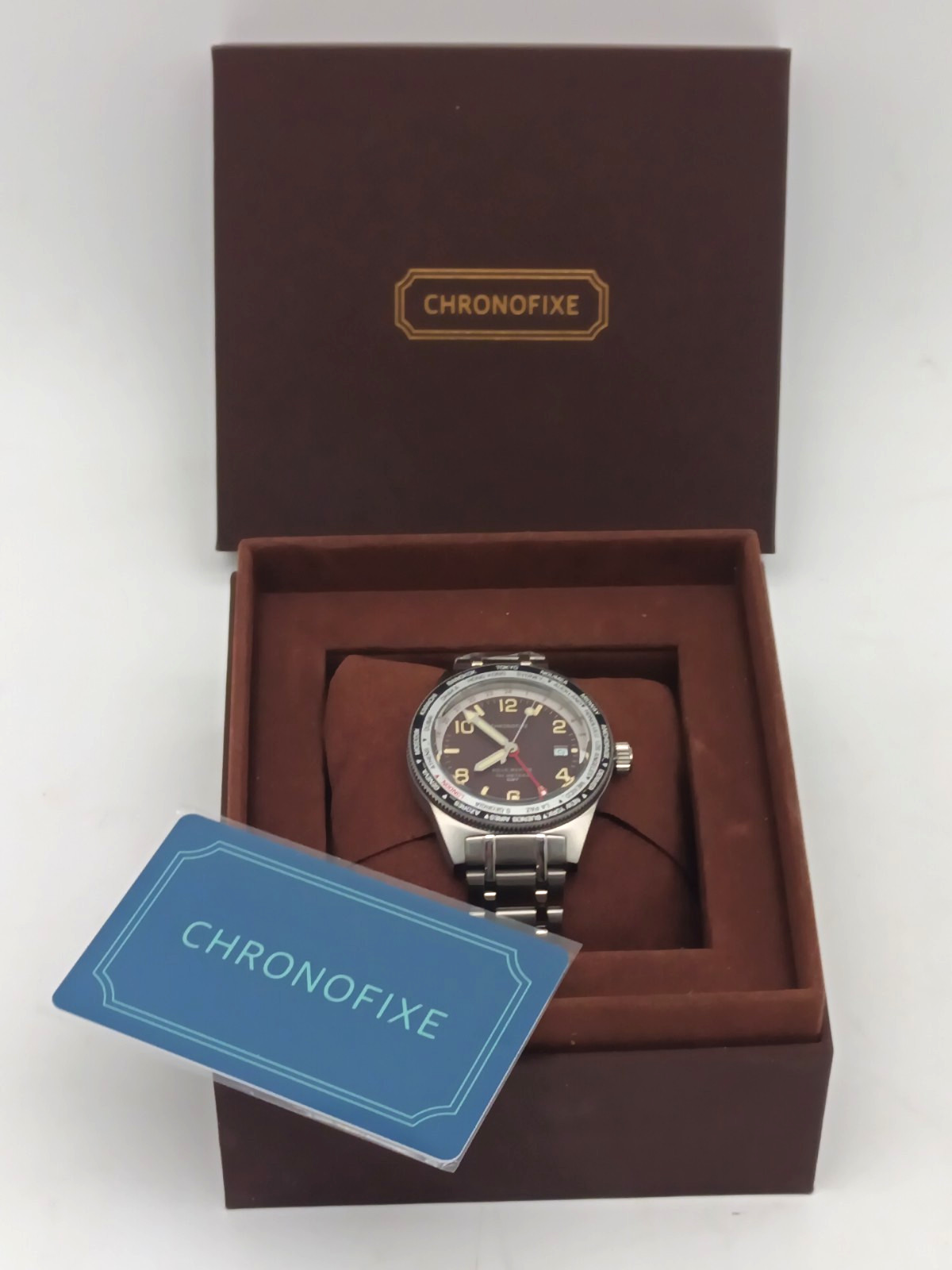 Chronofixe Sous-Marine GMT Watch 100M World Time Bezel Brown Dial Men’s + Box