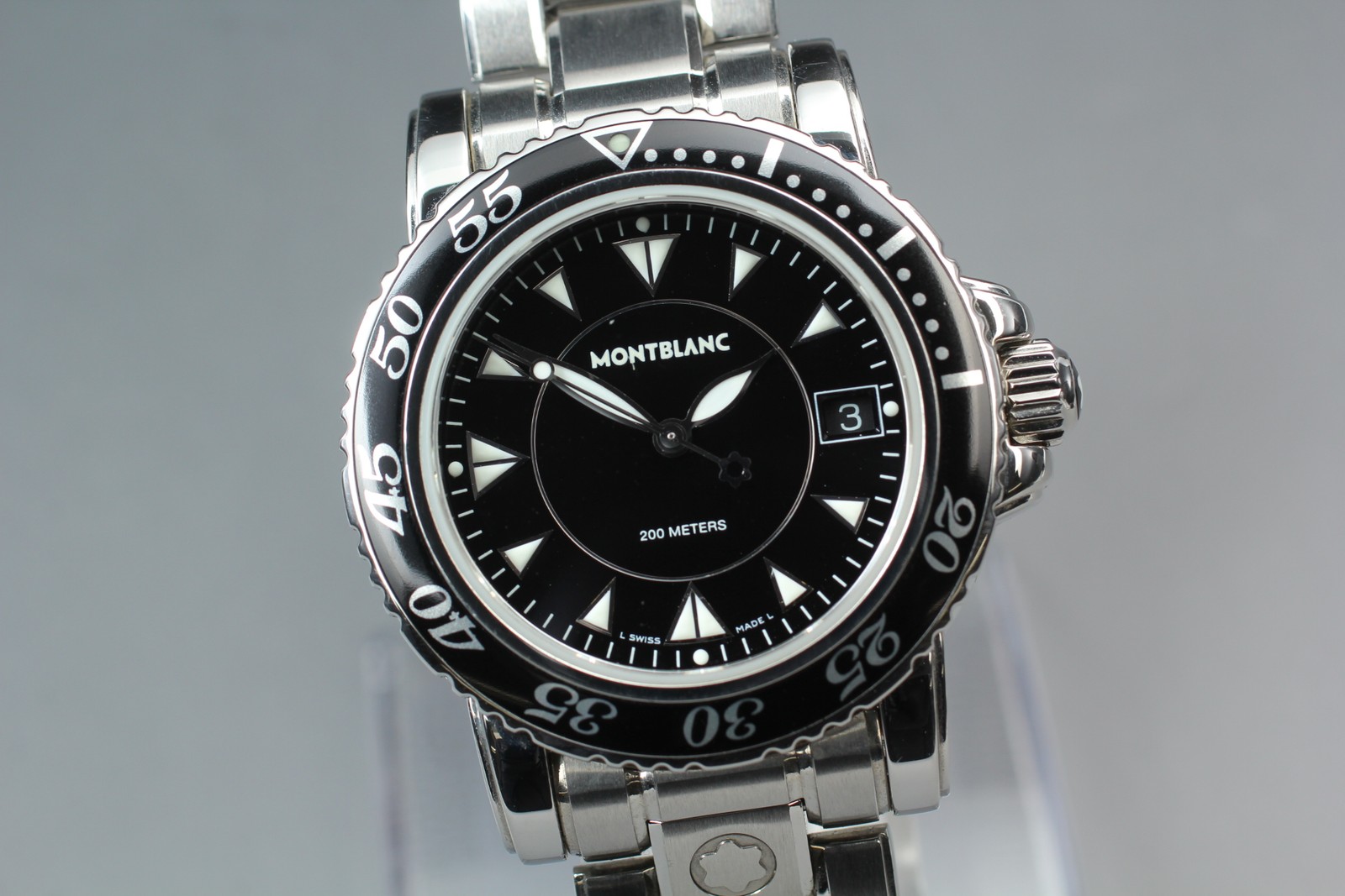 [ w/Box ] MONTBLANC Meisterstück 7037 Black Quartz Date SS Swiss Made Mens Watch