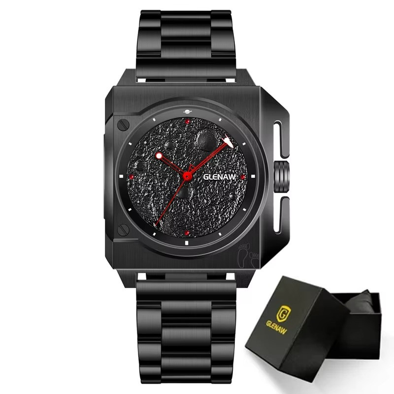 GLENAW Mechanical Men’s Watch Moon Surface Dial Luminous Spaceship Pointer 3ATM