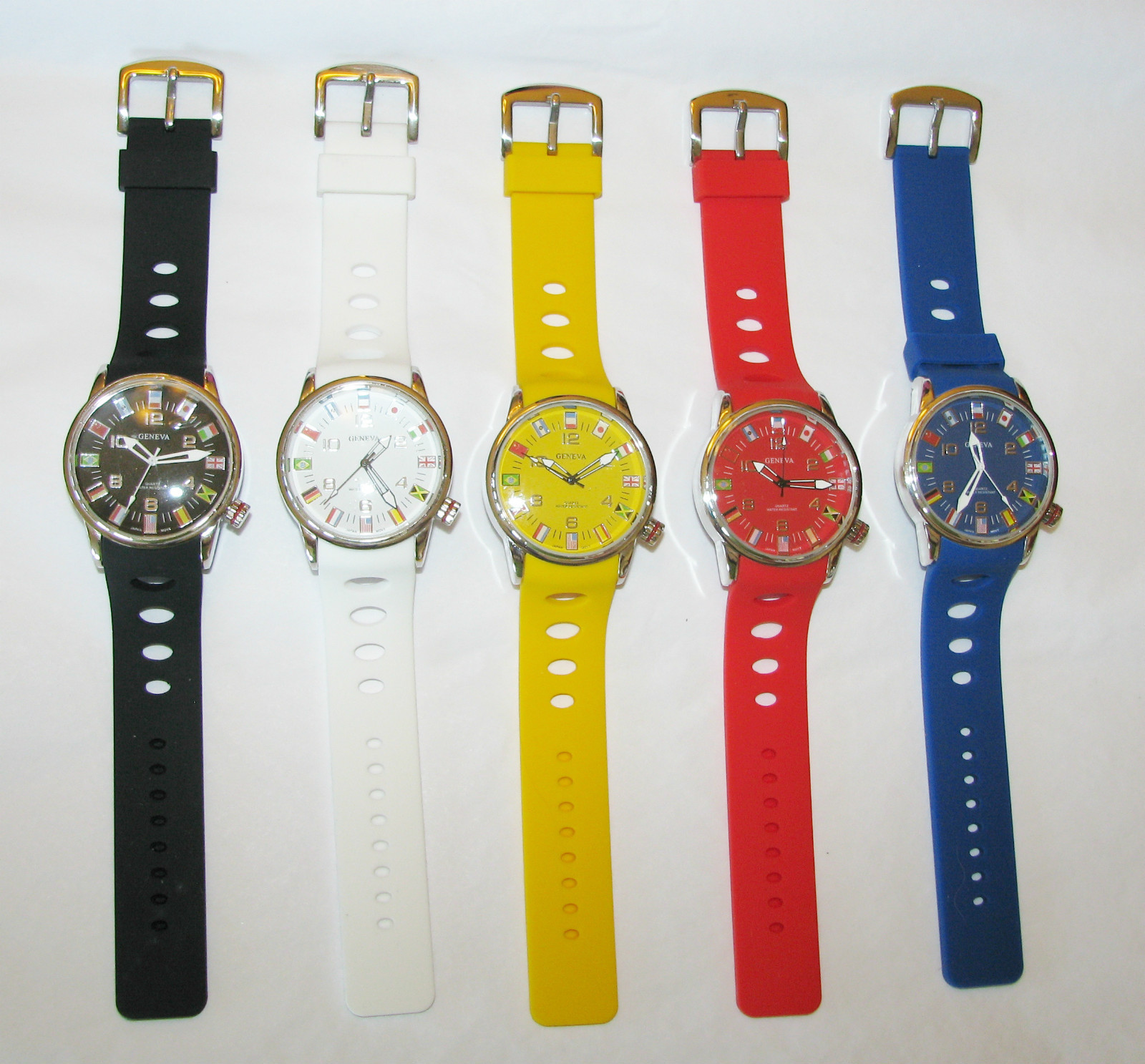 NEW GENEVA LARGE SILICONE INTERNATIONAL FLAGS BLACK,BLUE,WHITE,YELLOW,RED WATCH