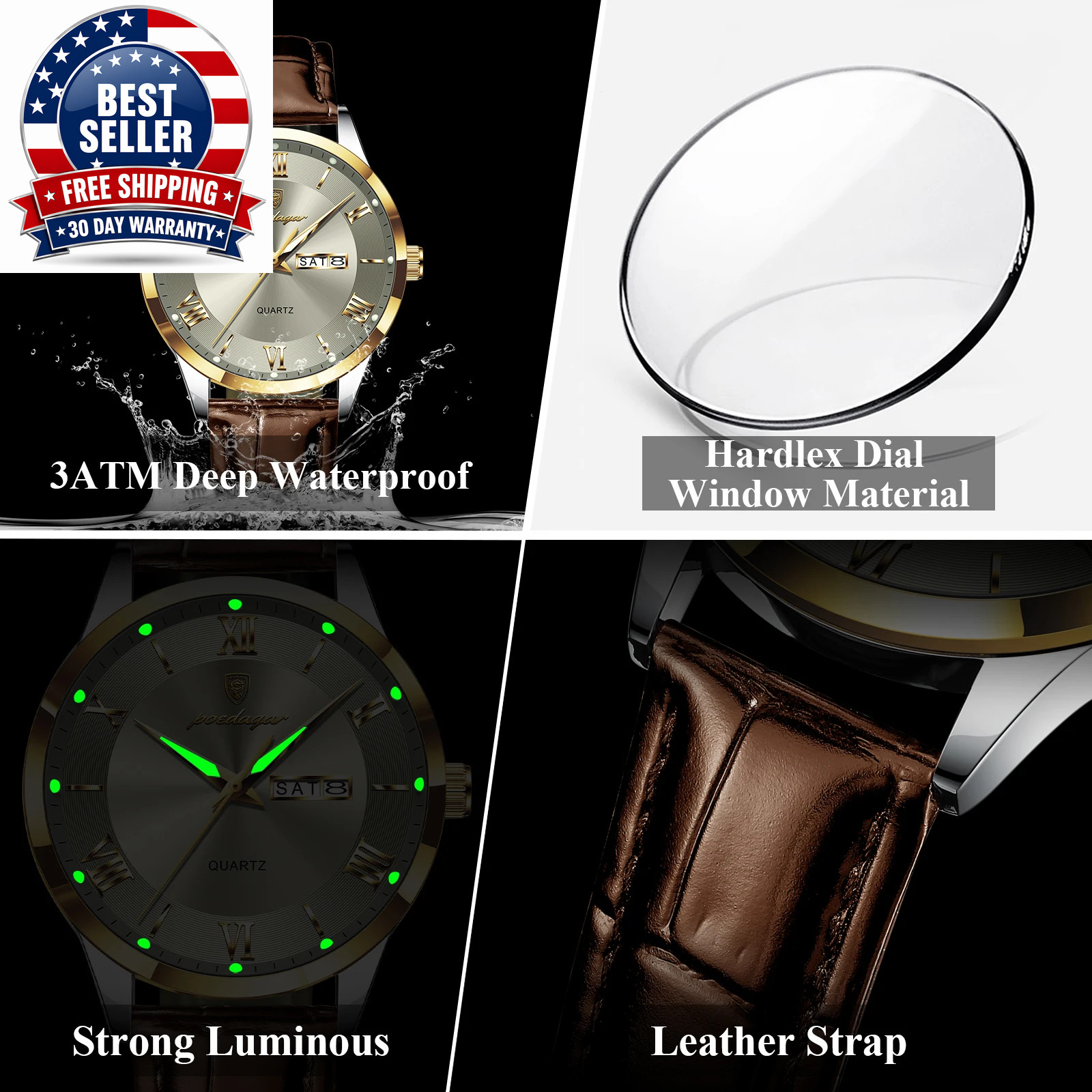 Men’s Waterproof Quartz Watch with Leather Band and Luminous Features