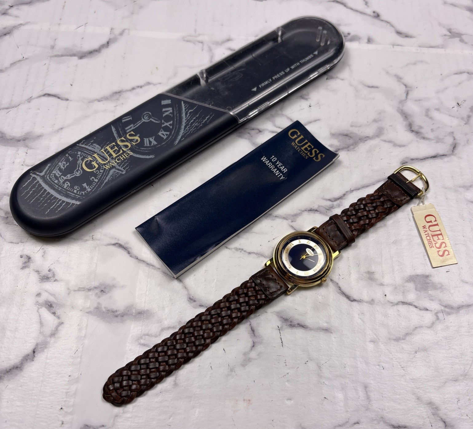 NEW Vintage Guess watch gold Blue face & brown logo band in original box 1993