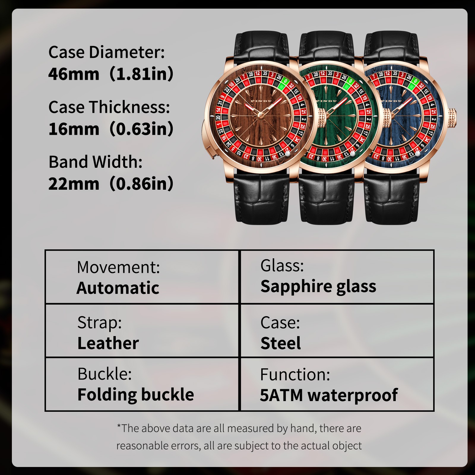PINDU Roulette-Themed Rose Gold with Wood-Grain/Featured Dial Genuine Leather