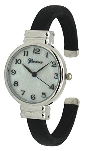 Geneva Saffiano Leather Bangle Watch with Silver White Face Dial Small, Black