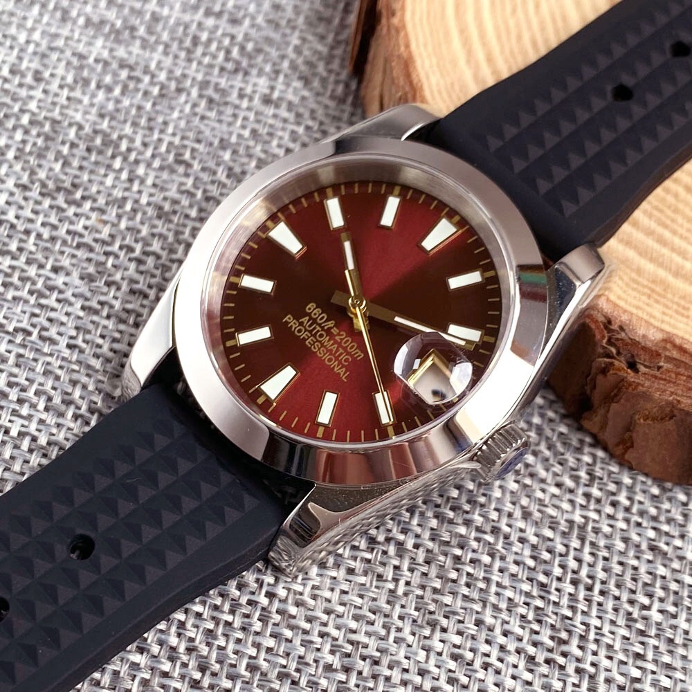 Dark Red 36MM NH35A 20BAR Waterproof Luminous Mechanical Men’s Watch Screw Crown