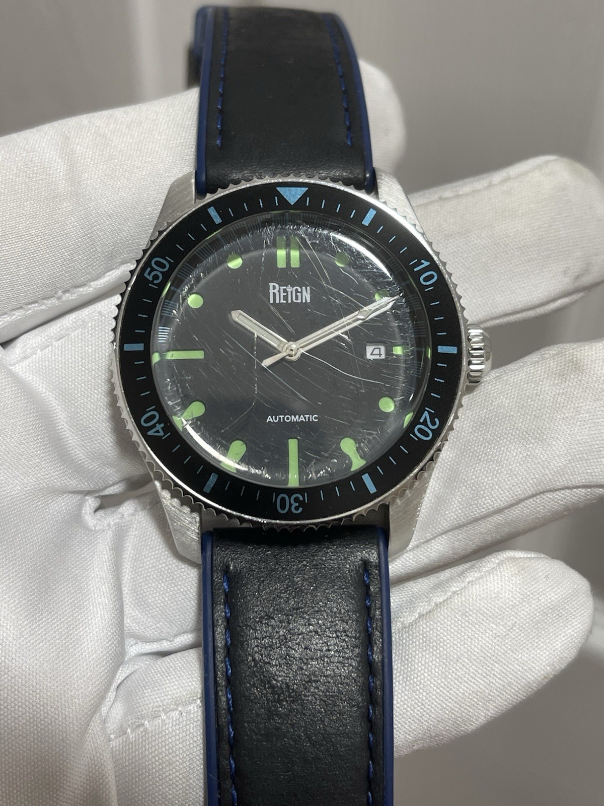 Reign Elijah Automatic Rubber Inlaid Leather-Band Watch W/Date – Black/Blue