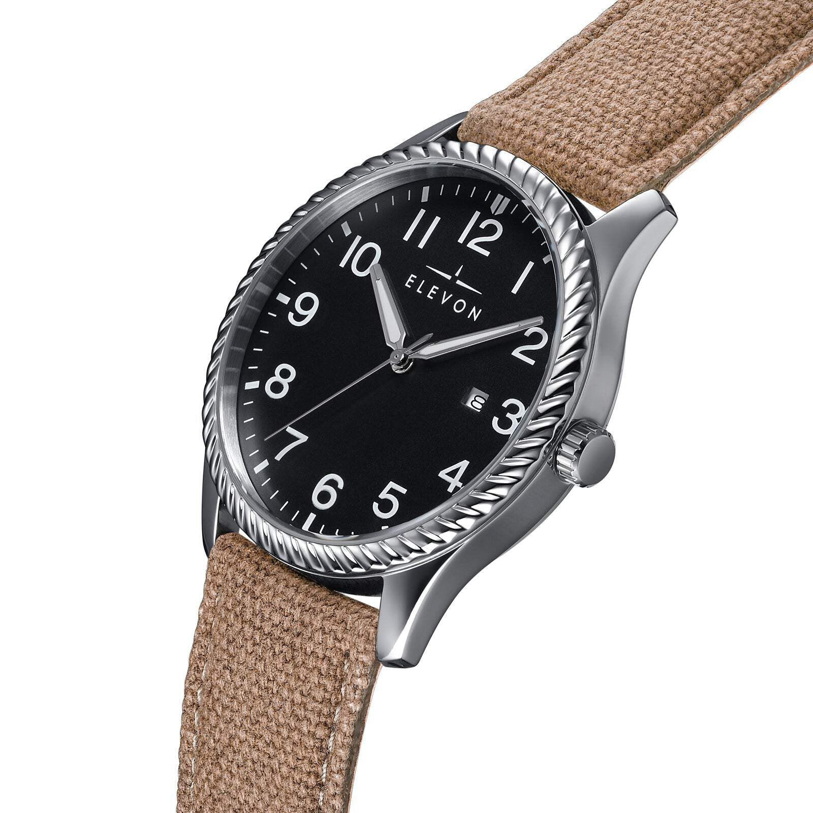 Crosswind Canvas-Overlaid Leather-Band Watch w/ Date Black/Khaki | Black Dial Wr