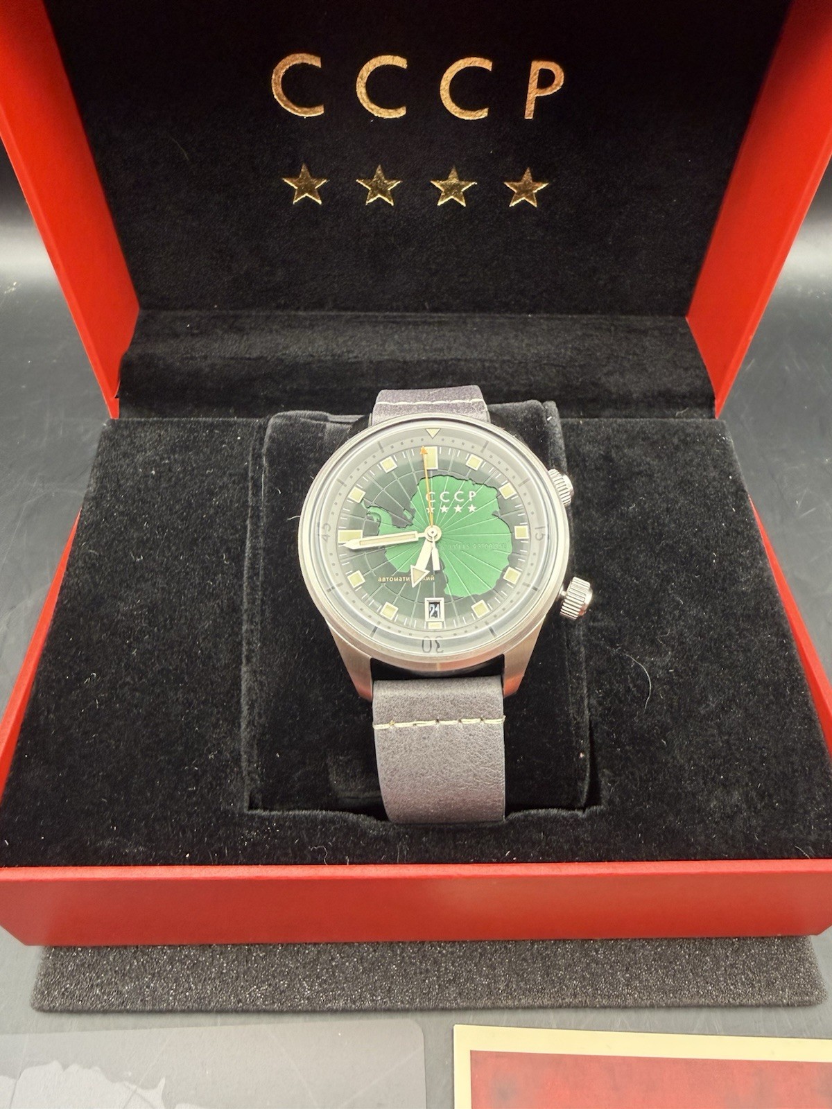 CCCP Mirny Watch Soviet-Inspired Green Dial Leather Strap Box Damage