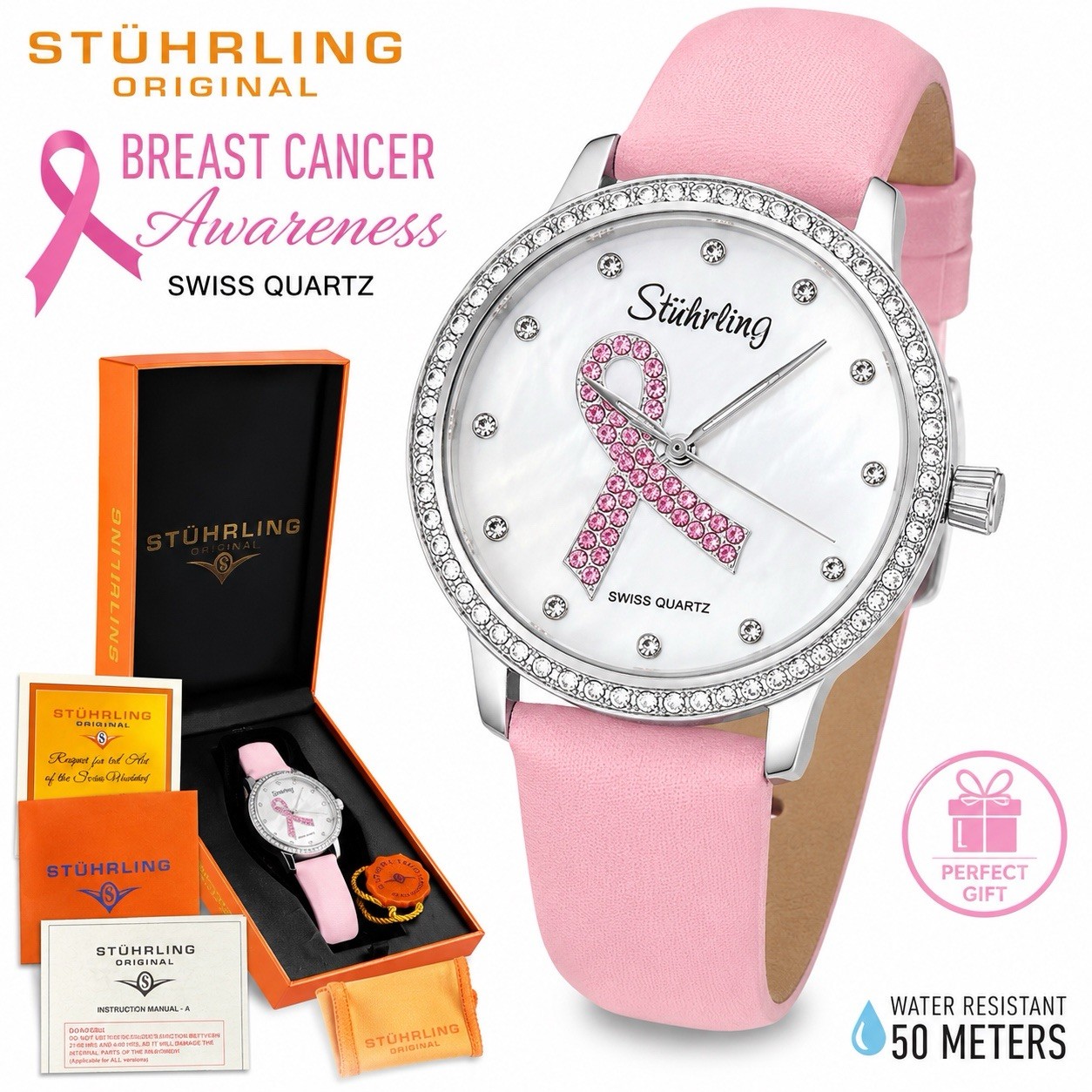 Stuhrling Original Breast Cancer Awareness Pink Ribbon Watch NIB Swiss Quartz