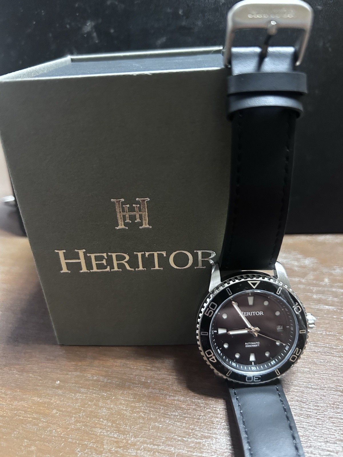 Heritor Men’s Automatic Diver Watch Black Dial Leather Strap Date w/ Box