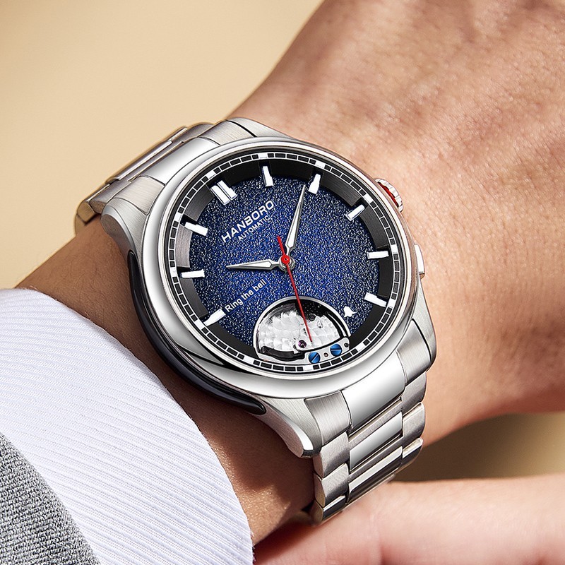 HANBORO Men Automatic Watch Alarm Mechanical Wristwatch Miyota 9015 Sapphire