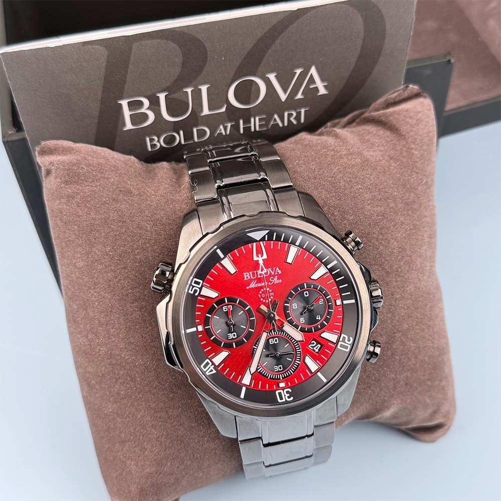 Men’s Bulova 98B350 Marine Star Chronograph Red Dial Quartz Watch 43mm