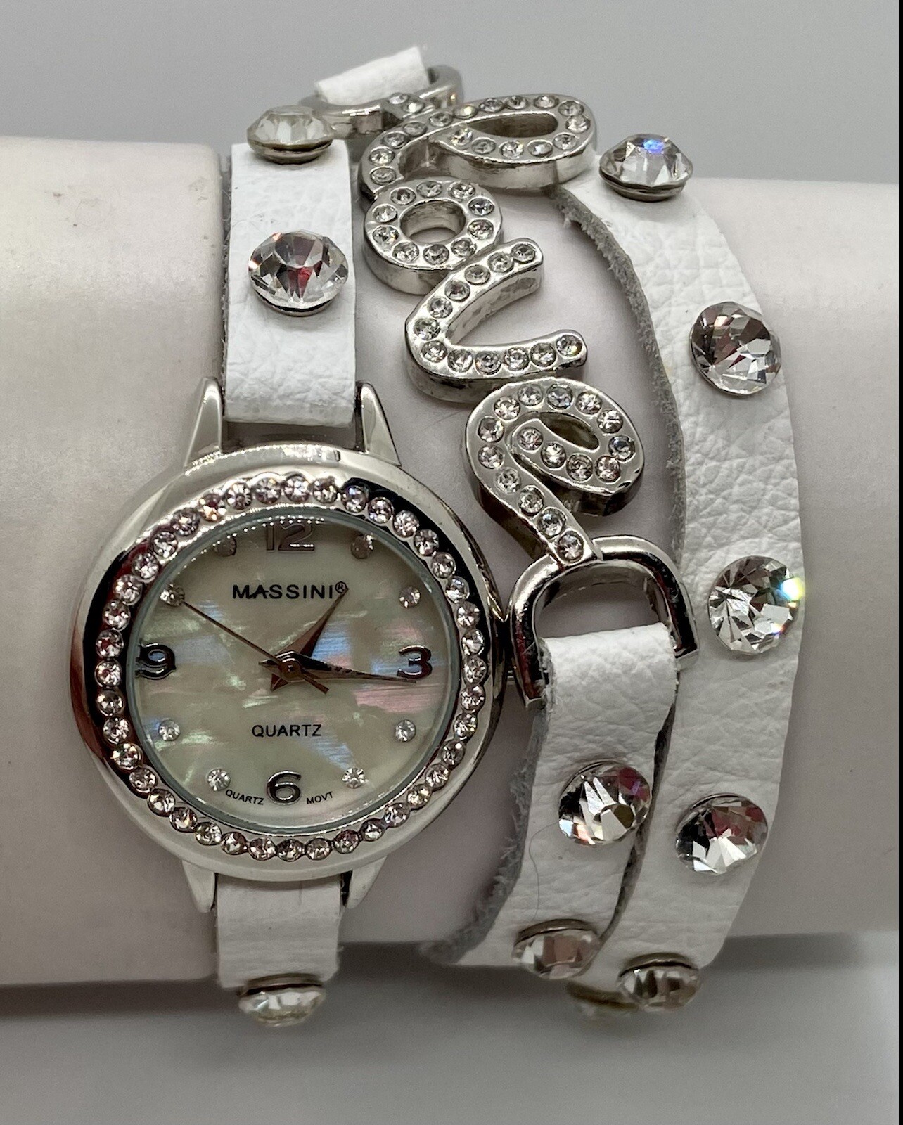 MASSINI Ladies Watch New Battery LOVE Triple Wrap Strap Lots Of Crystals Iced