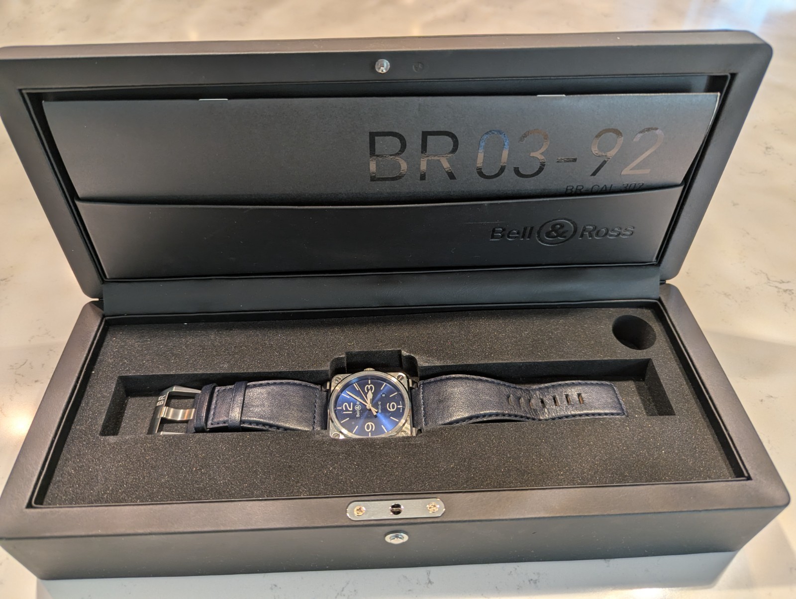 Bell & Ross BR 03-92 42mm Dark Blue Leather band. Excellent condition