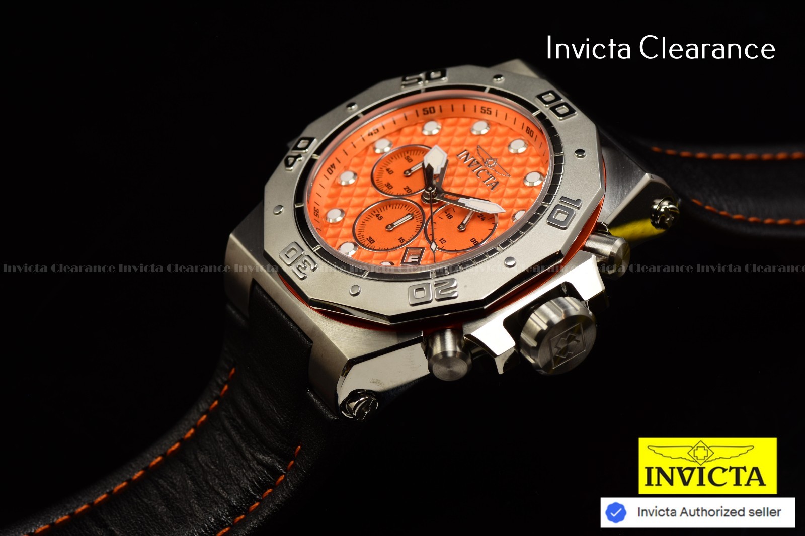 Invicta Men’s AKULA 58mm Chrono Quartz Orange Dial Black Leather 300m Watch