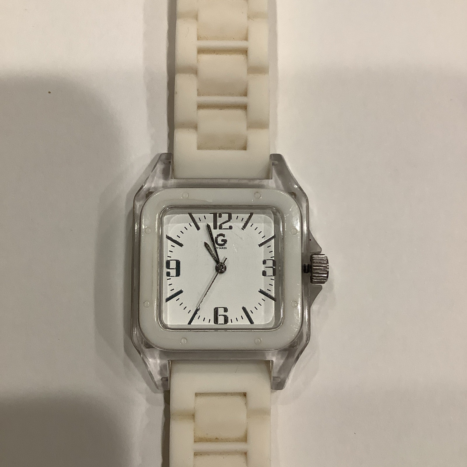 G by GUESS G59023L1 White Dial & Rubber Band Plastic Square Unisex Watch, Used