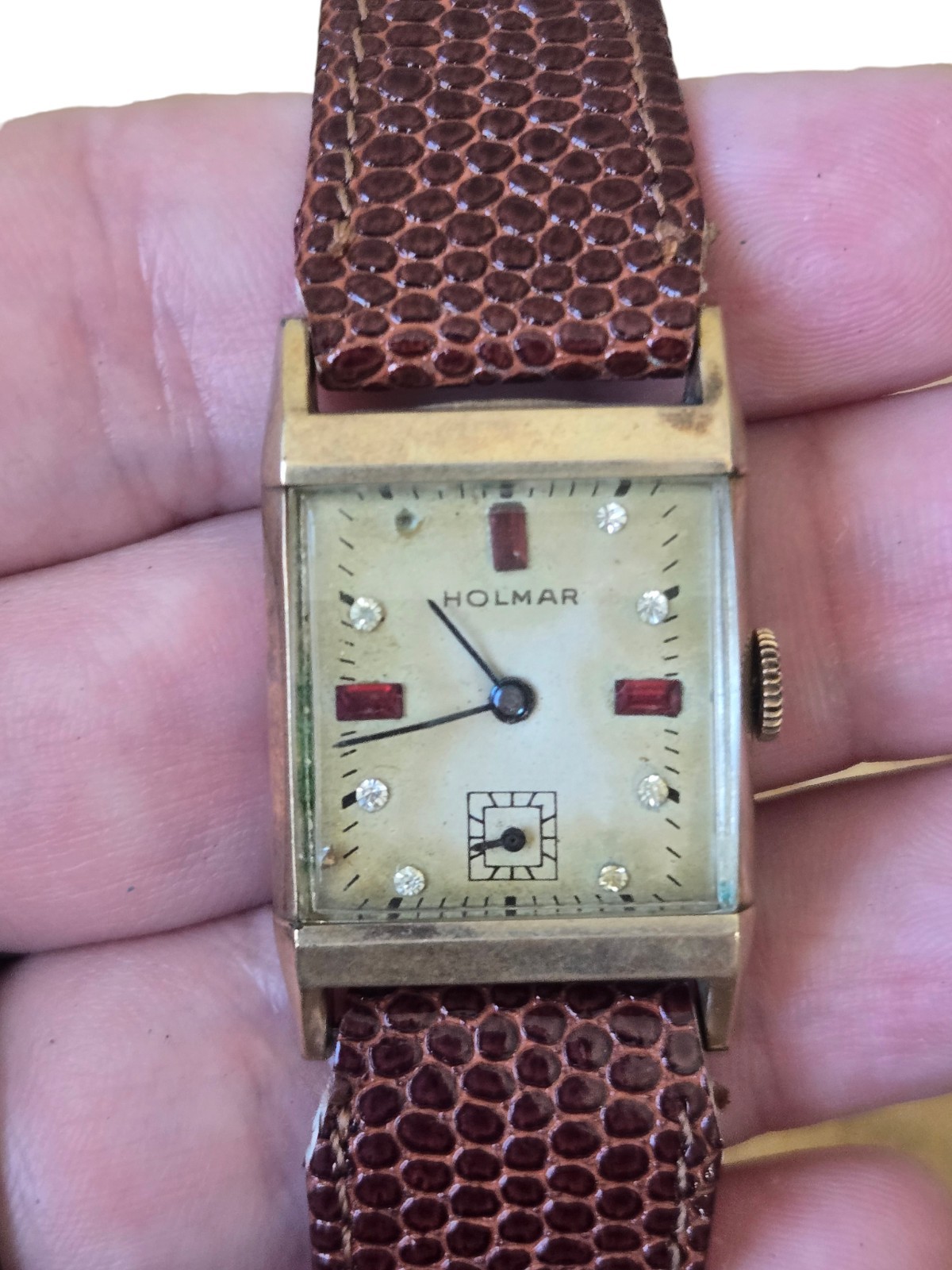 Vintage Holmar Ruby Diamond Chip Marker Gotham Movement Tank Wrist Watch