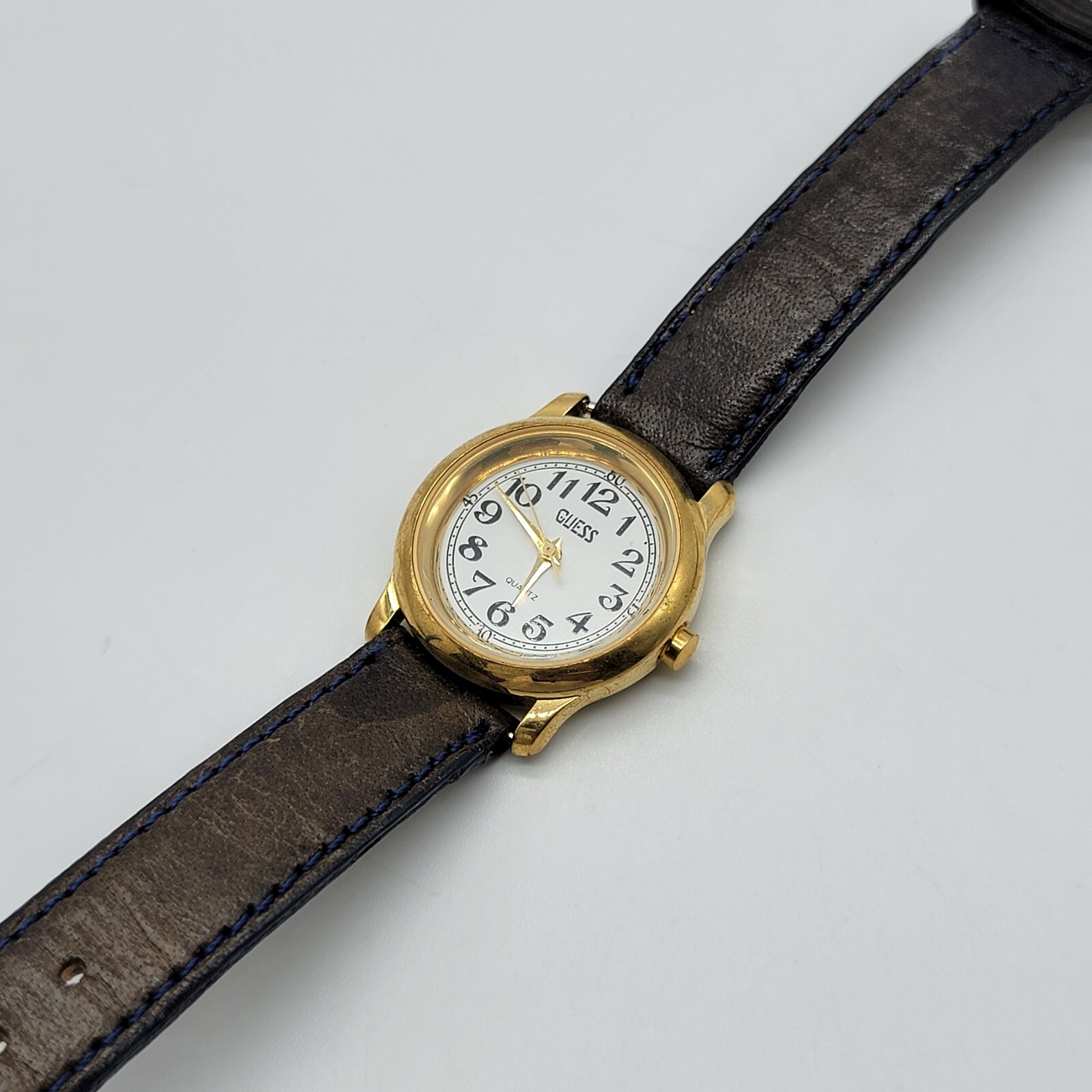 Guess Women Watch 25mm Gold Tone Dark Brown Leather Band *