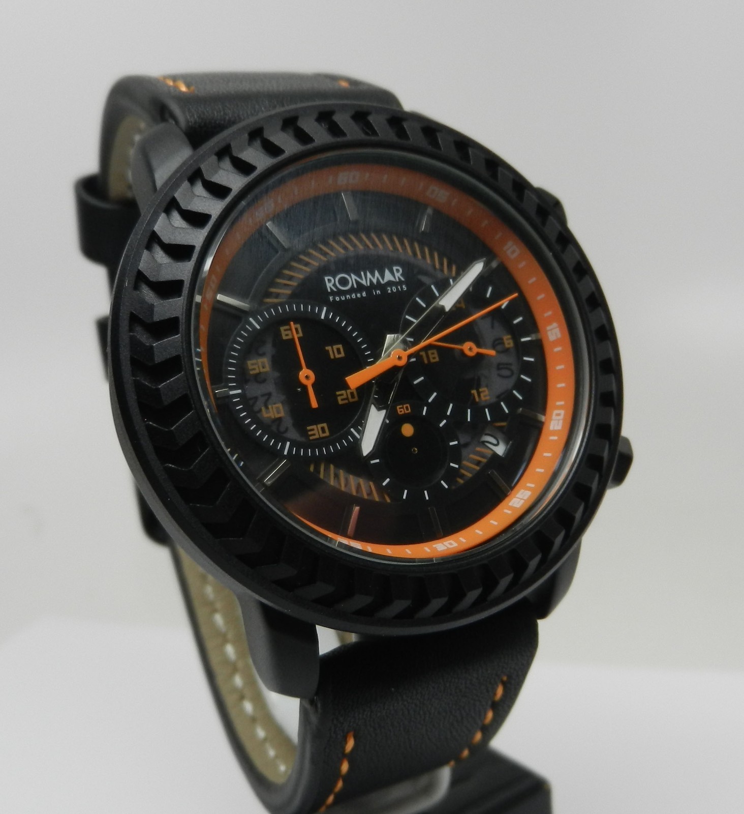 Men’s 44mm Chronograph Date Dial Black Orange With Leather Strap Rugged Watch