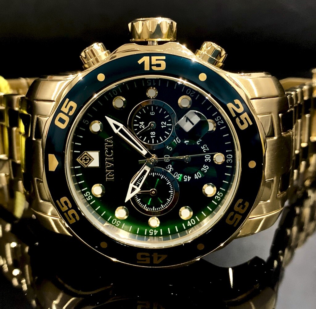 Invicta Mens Pro Diver Scuba Chronograph Green Dial 18Kt Gold Plated Watch 0075