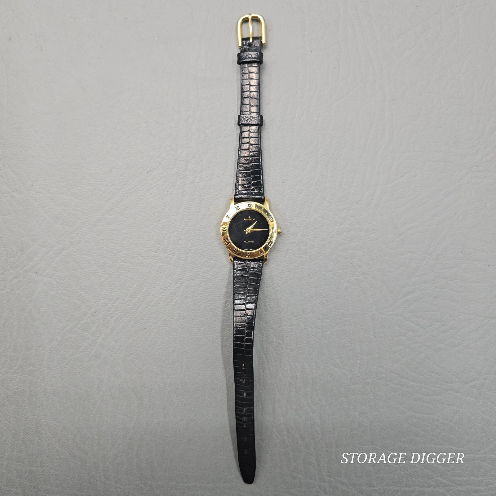 Vintage Peugeot Women’s Gold Tone Quartz Wristwatch, Black Genuine Leather Band