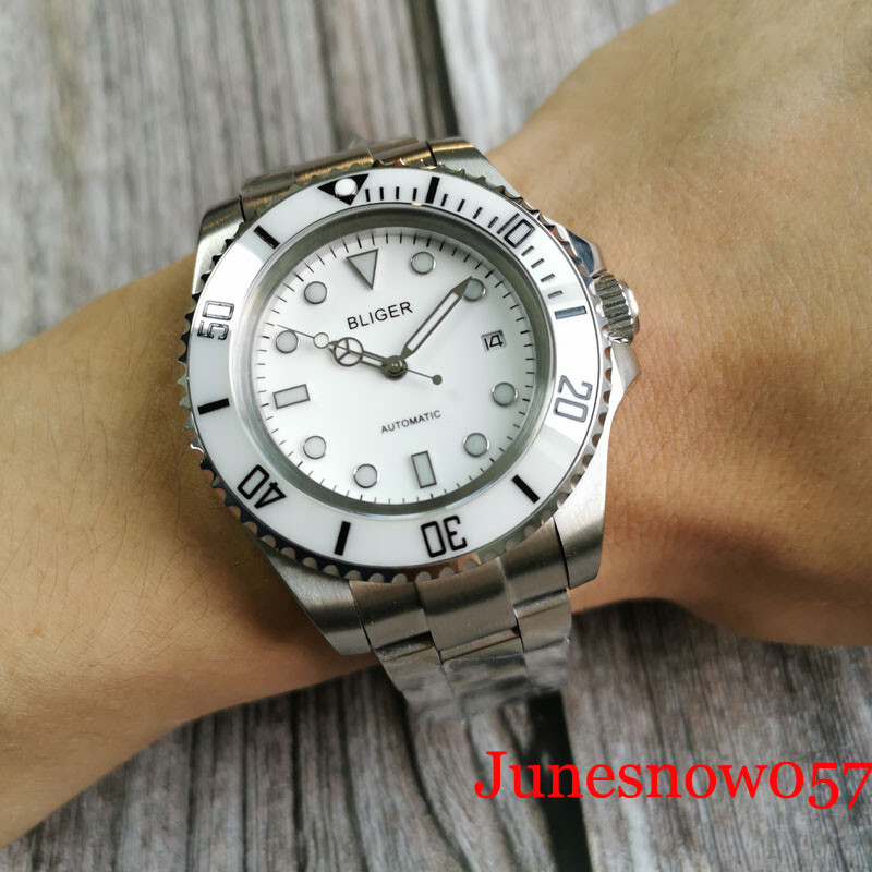 BLIGER White Dial Big Automatic Men Watch Brushed Strap Screw Crown Luminous