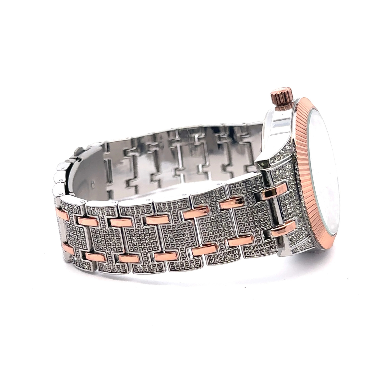 Men’s Rose Gold Iced Out Quartz Watch Two Tone Hip Hop Style 44mm