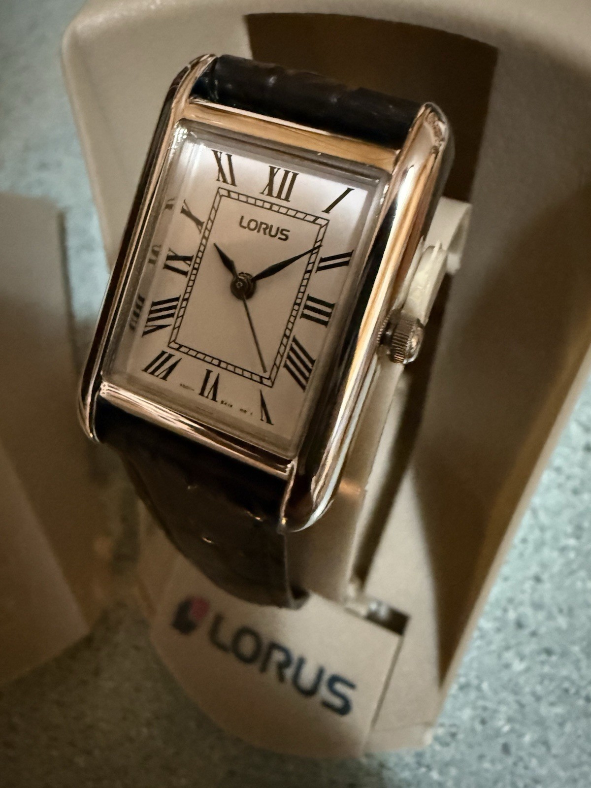 New Women’s Lorus Watch 16×21 MM Ivory Rectangle Face Black Strap W/ Gift Box
