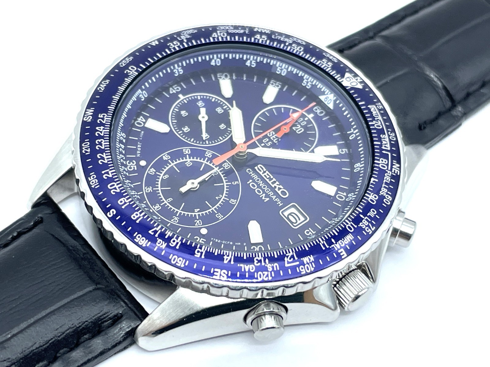 SEIKO Flight master Men’s Chronograph Watch Blue Dial New Band Battery 7T92-0CF0