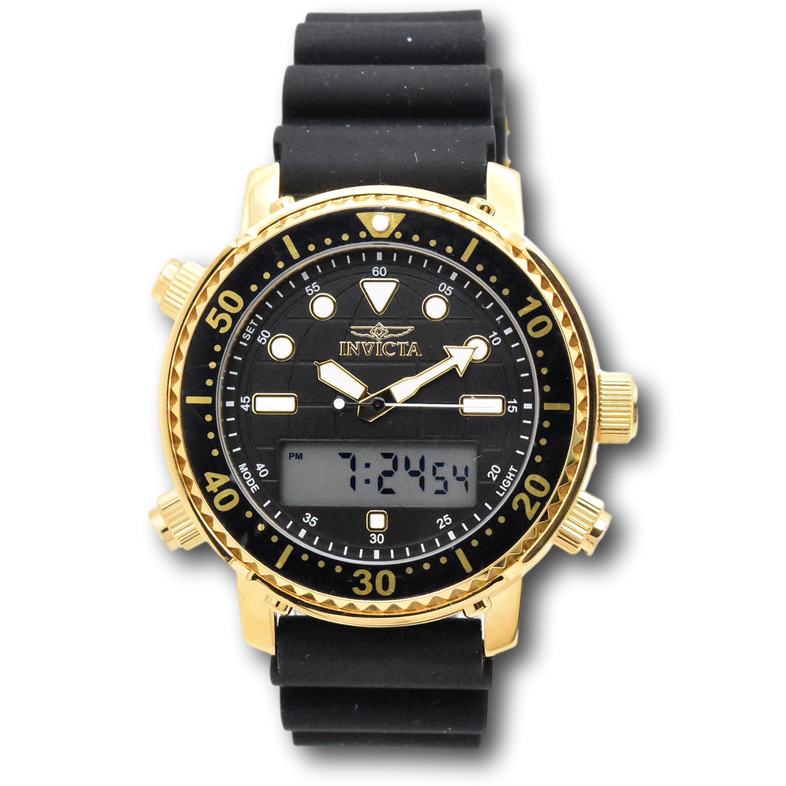 Invicta Pro Diver Men’s 46.5mm Gold Dual Time Digital Ana-Digi Watch 48369