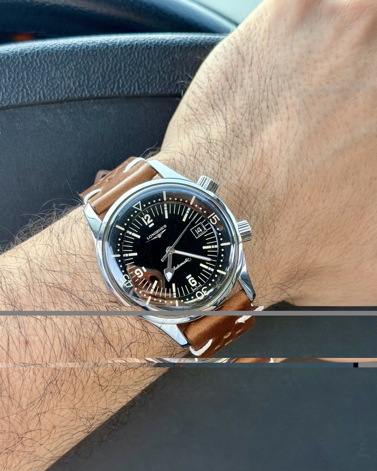 Longines Legend Diver Automatic Black Dial Date Brown Leather Strap Men’s