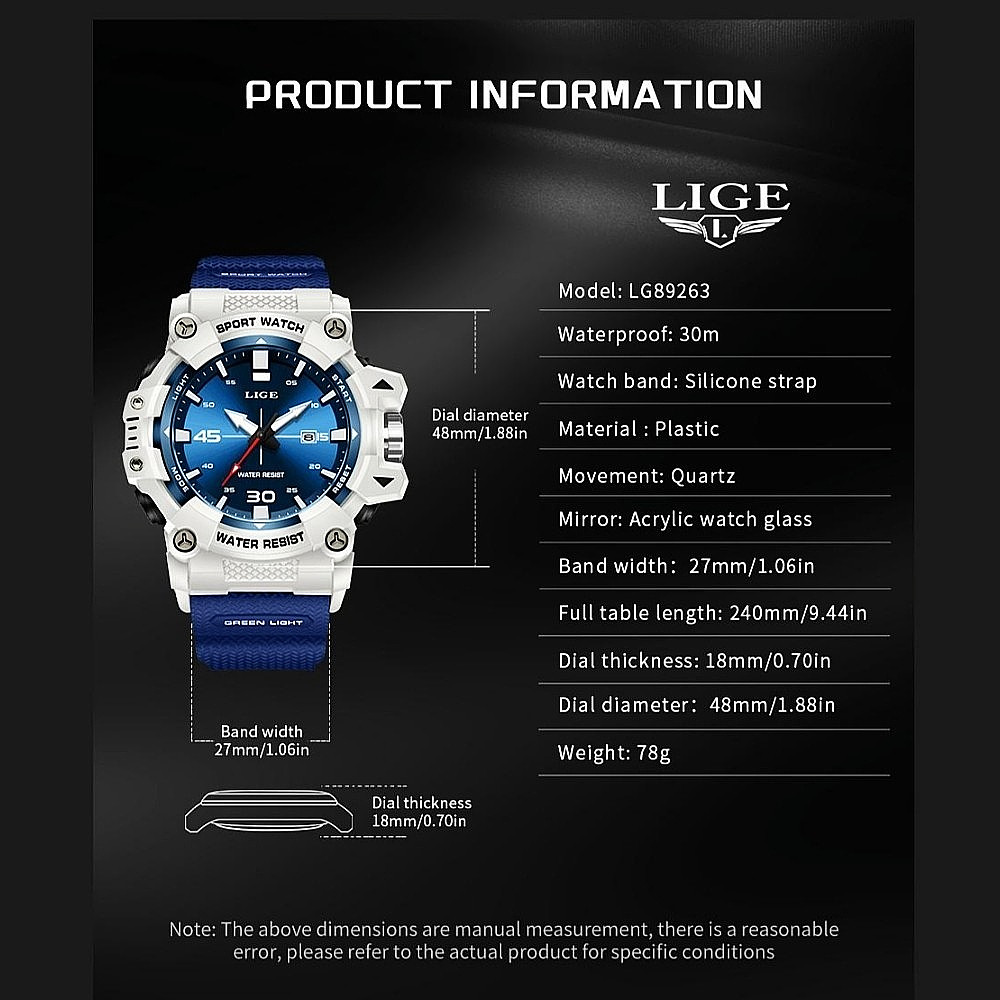 LIGE Men Watch Big Dial Quartz Analog Date Luminous Waterproof Sports Wristwatch
