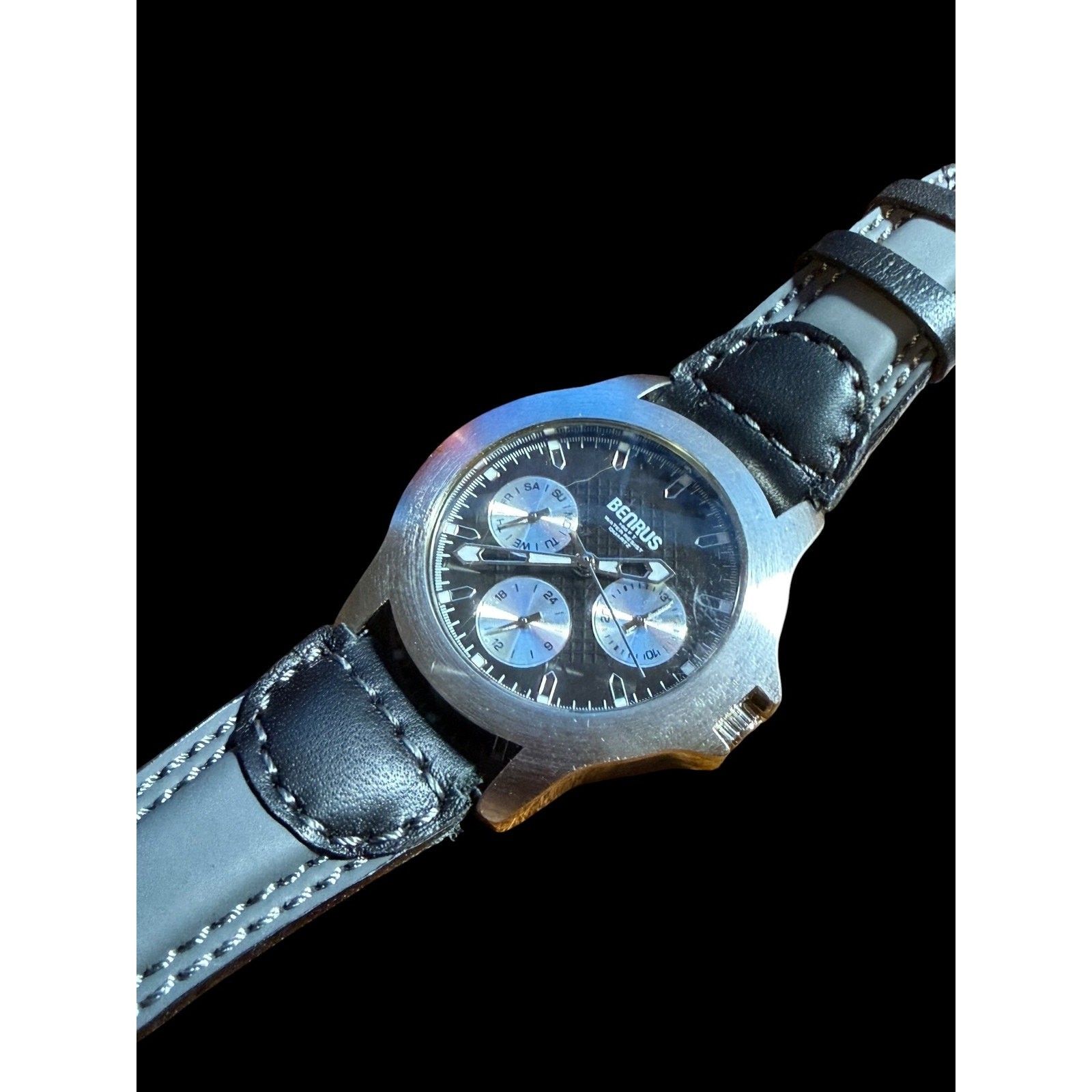 BENRUS B520M 334 Men’s Multifunction Quartz Watch Black Dial Leather Band 100FT