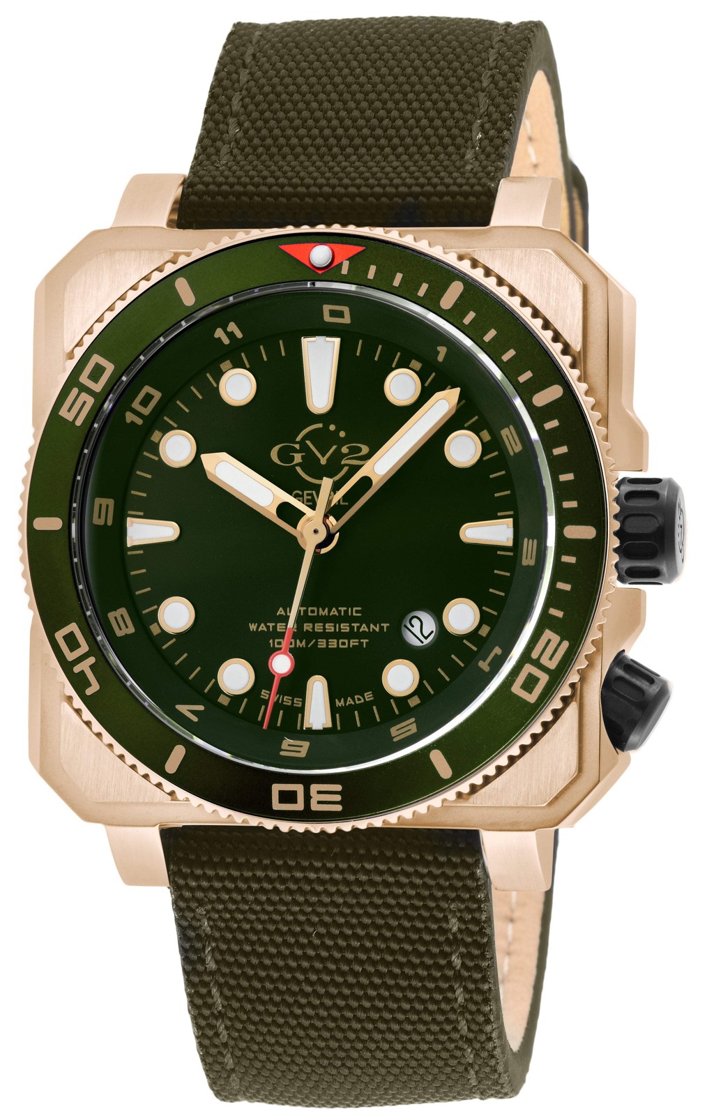 XO small Swiss Made SW200 inner and outer rotating bezel, metal band olive Bl