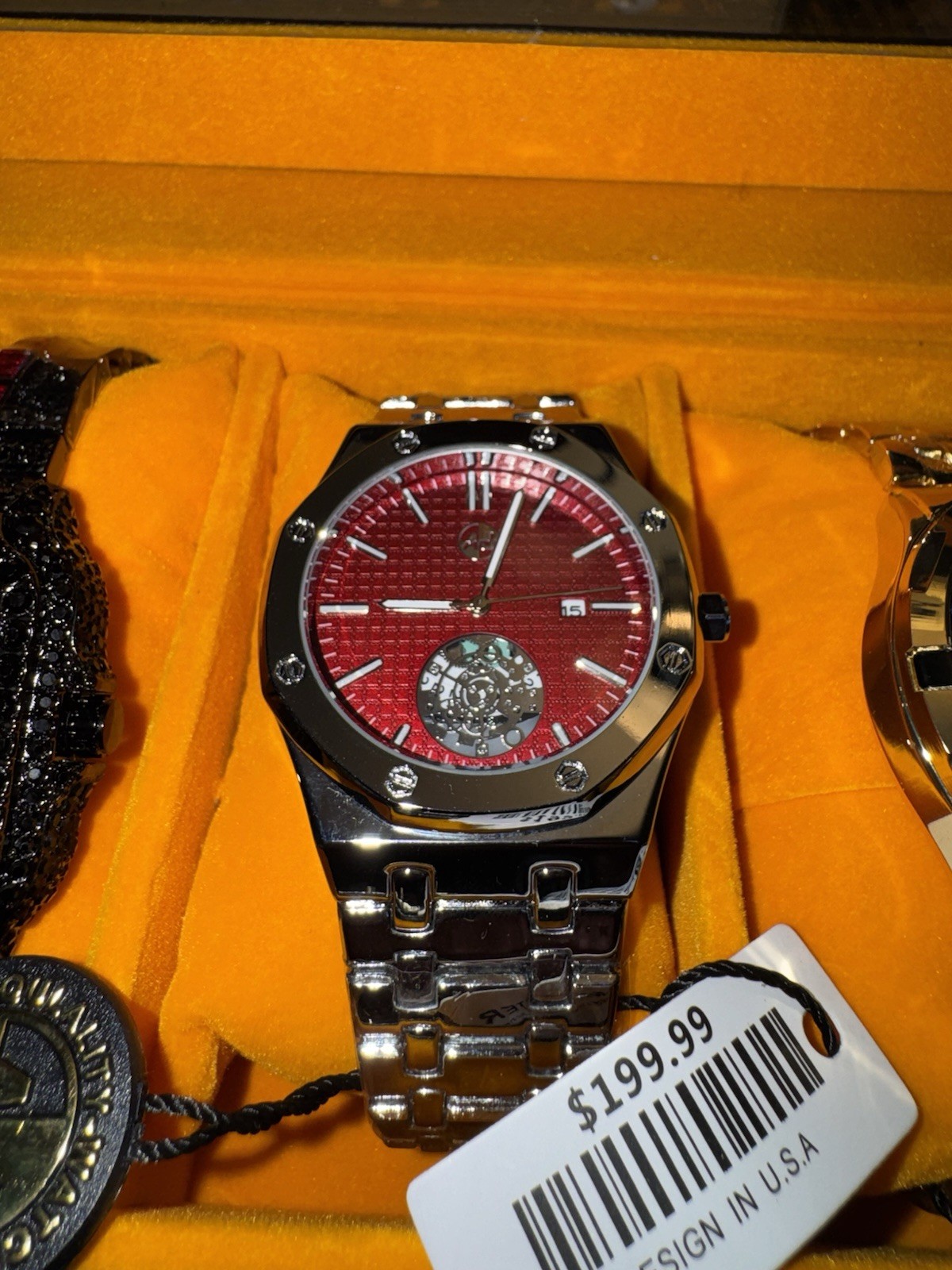 AJ Time-Master Men’s Octagon Red Textured Dial Quartz Date Silver Bracelet