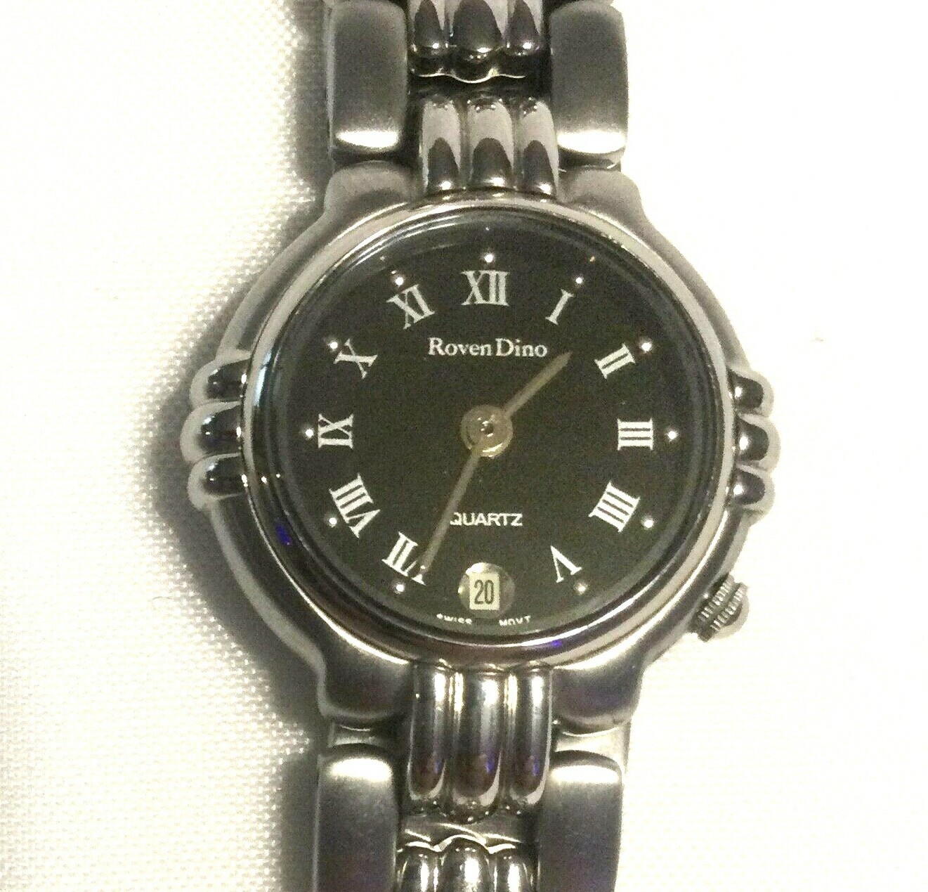 RARE LADIES ROVEN DINO SWISS WATCH Solid Stainless Black Dial & Silver Numerals
