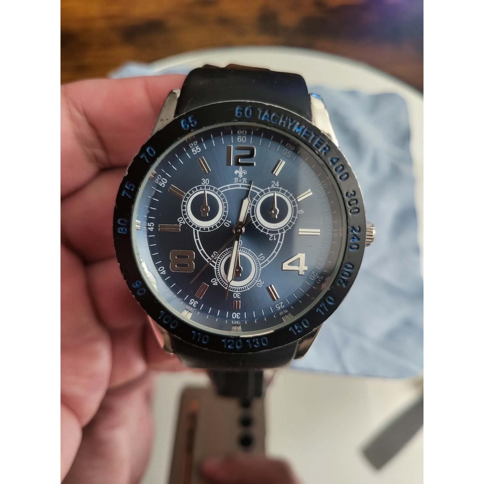 B&R Logo Casual Quartz Men’s Watch with Blue Dial and Silicone Strap