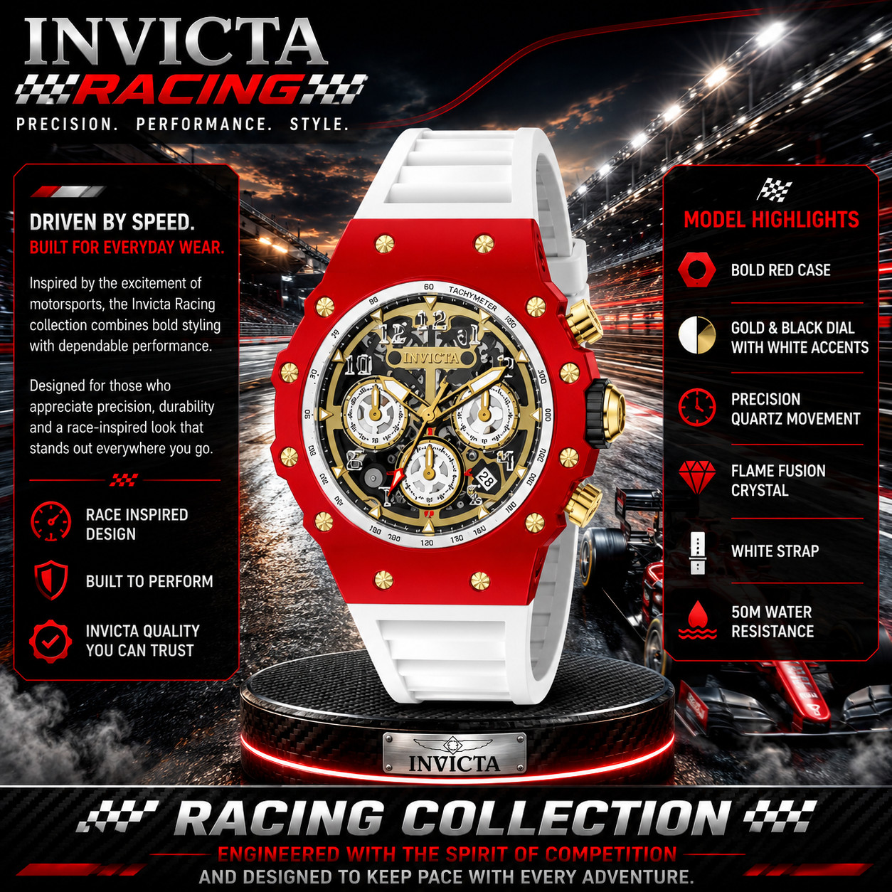 Invicta Racing Vaulthan Men’s Watch 44mm White/Red (69655) – Brand New