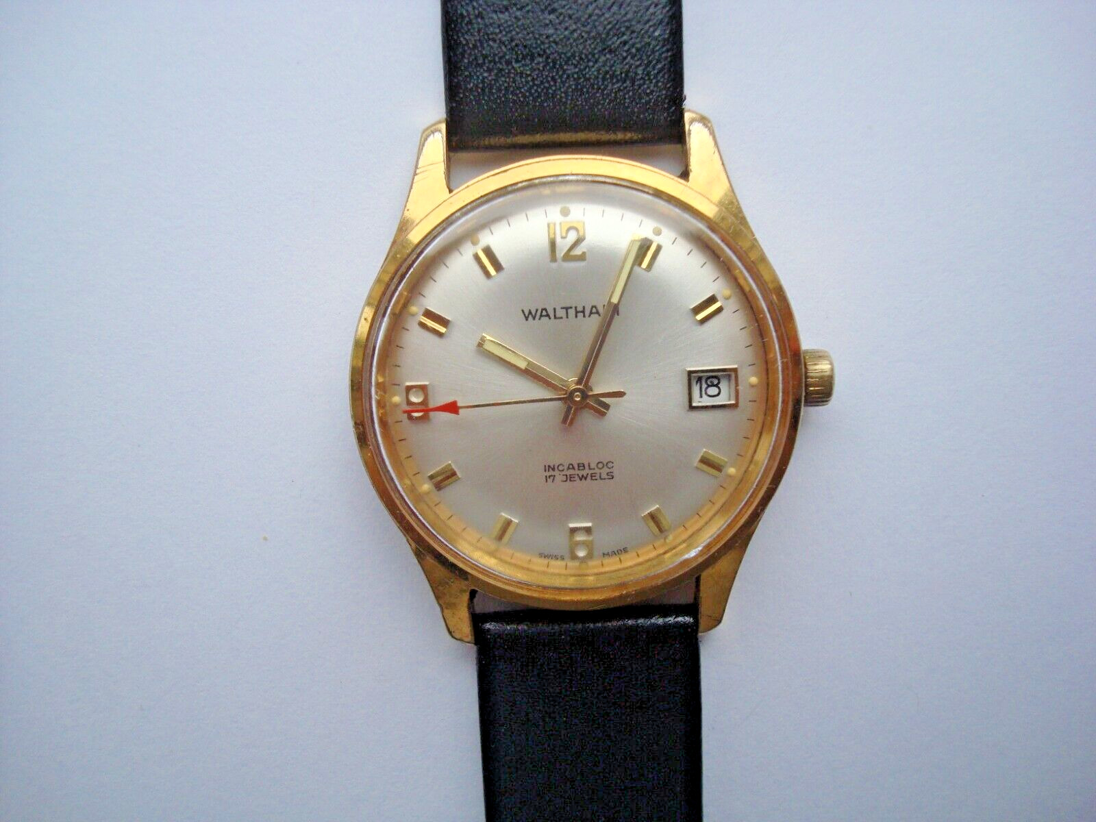 Waltham Mens Watch Manual Wind Up 17j. Date Red Arrow New Band 1960’s Swiss Runs