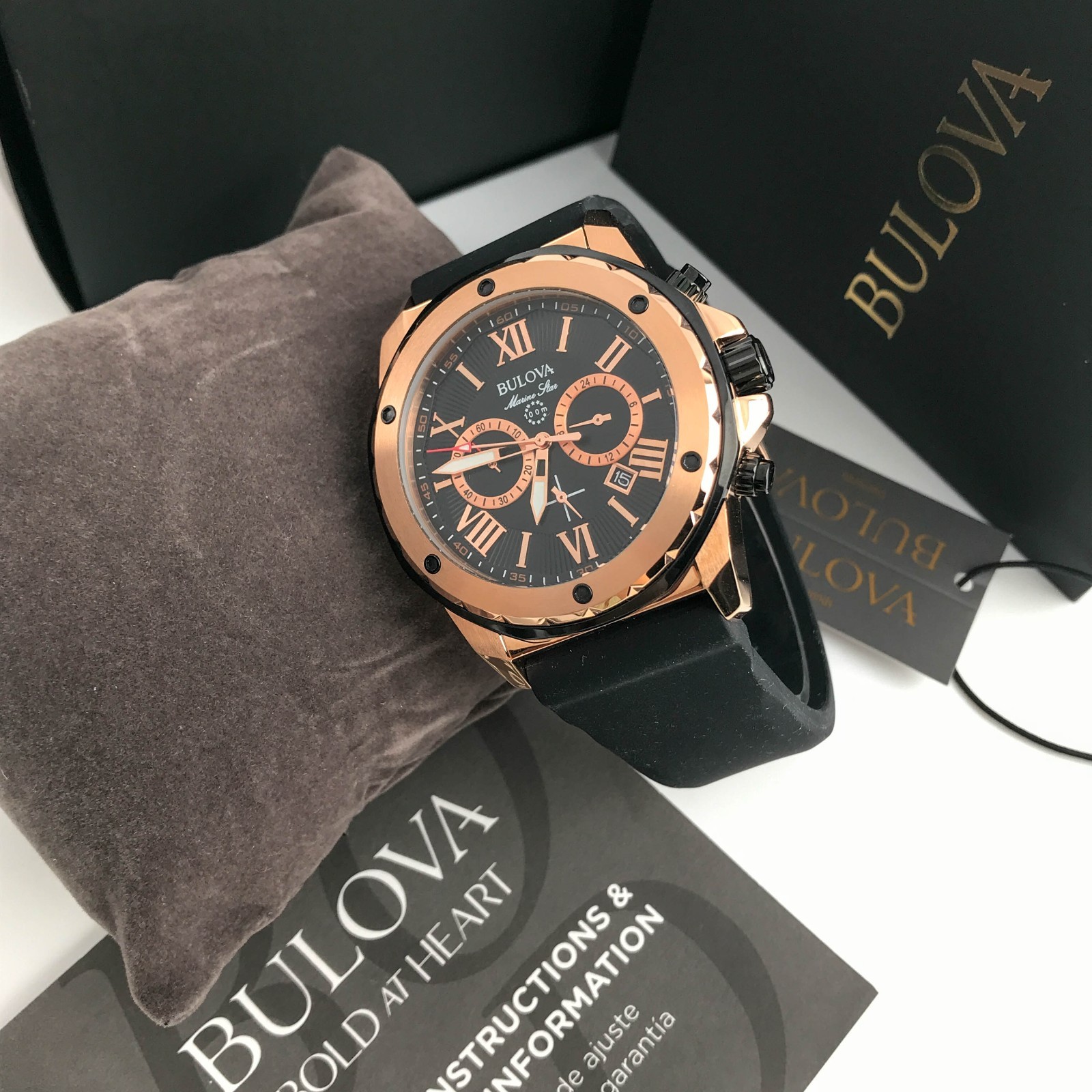 Bulova Marine Star 98B104 Black Dial Silicone Strap Chronograph Men’s Watch 44mm