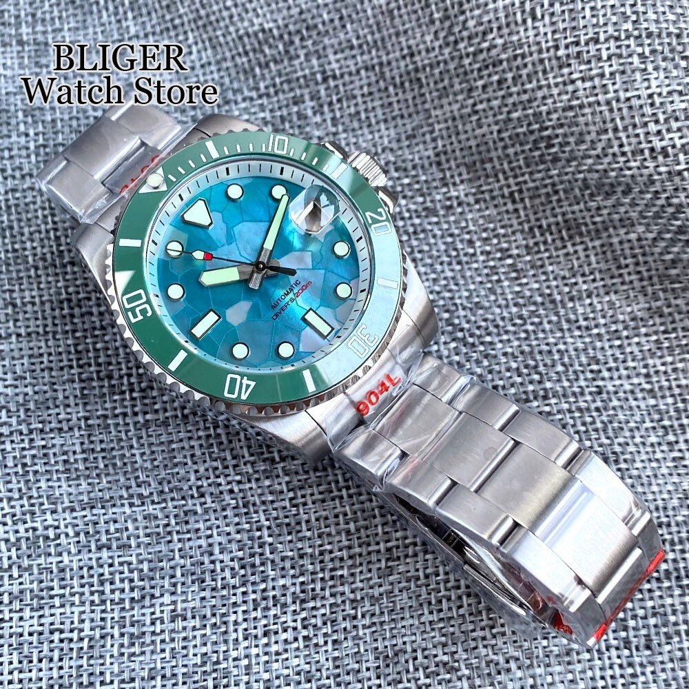 Gloss Shell Dial 200M Waterproof NH35 Men Dive Watch Lume Turquoise Green Steel