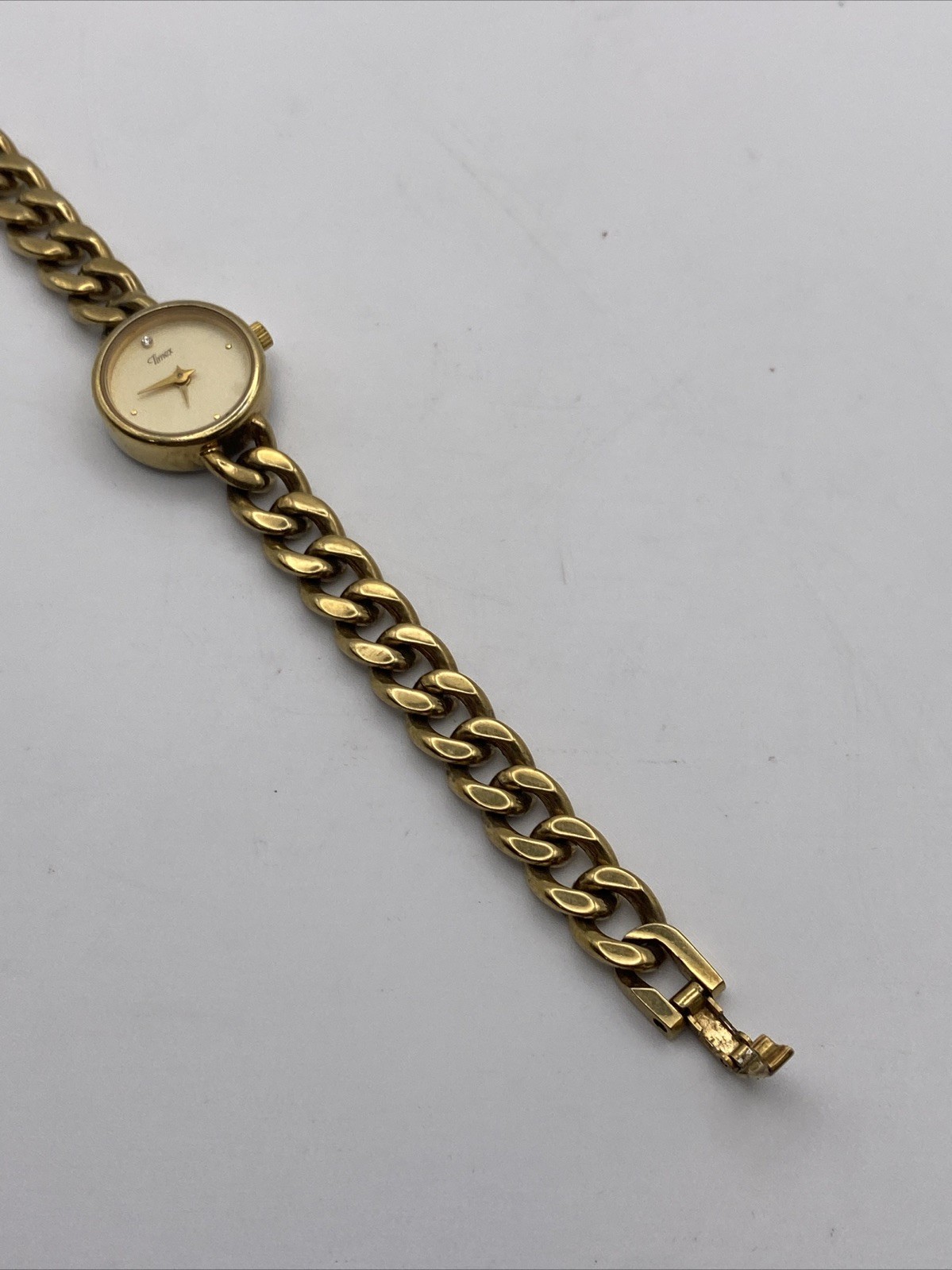 VINTAGE TIMEX QUARTZ WATCH WOMENS TAN DIAL CHAIN BAND GOLD TONE NEW BATTERY 6”
