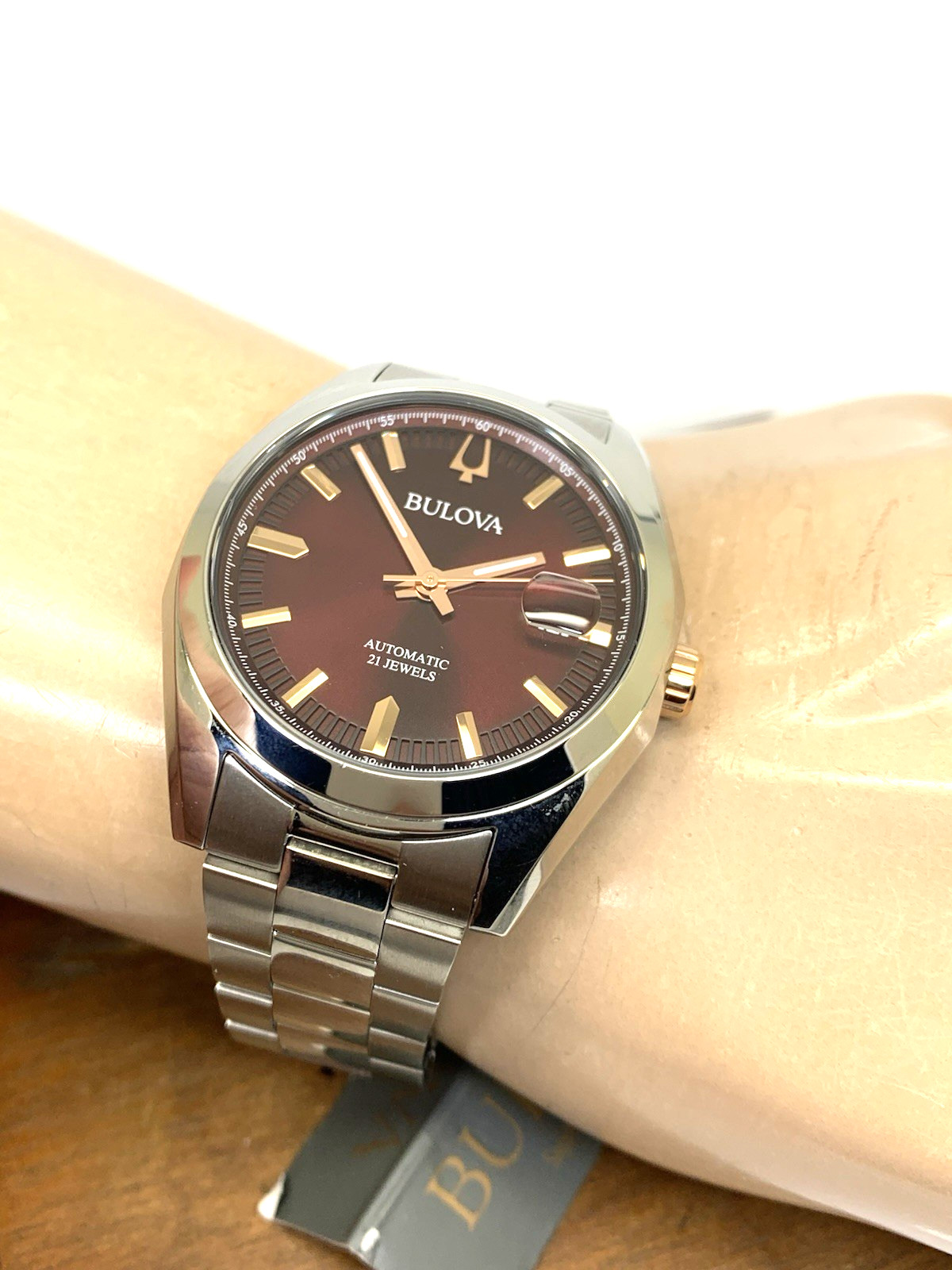 Bulova Men’s Watch 98B422 Automatic Burgundy Dial Silver Stainless Steel 39mm