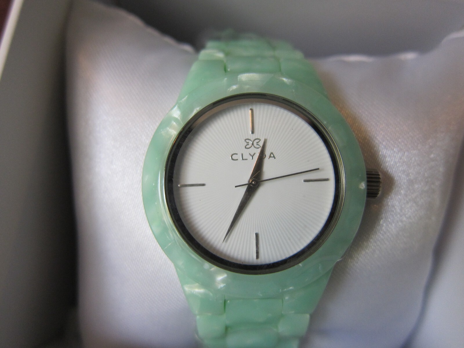 NEW Clyda Jade Acetate Quartz Watch with silver hands and bevel