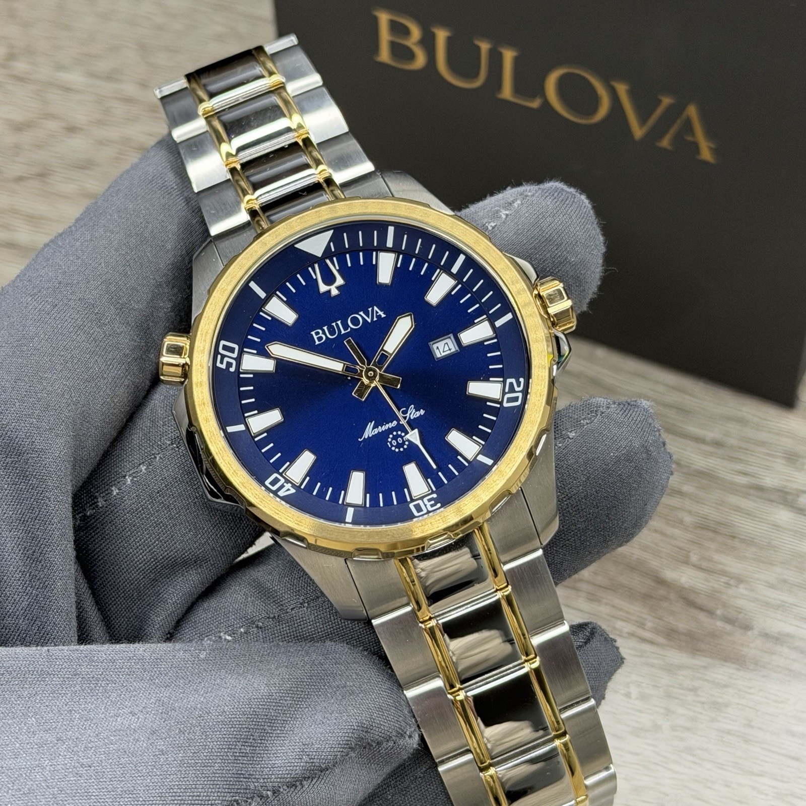 SPORT✅ Bulova Marine Star Blue Dial Calendar Two-Tone Men’s Watch 43mm 98B384