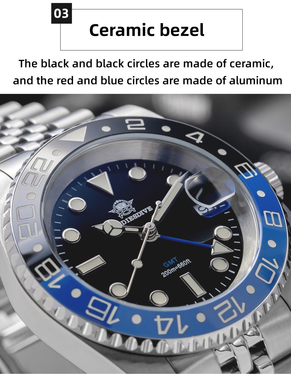 Addiesdive 40mm Mens GMT Swiss Ronda Quartz Dive Watch 200M Waterproof Stainless