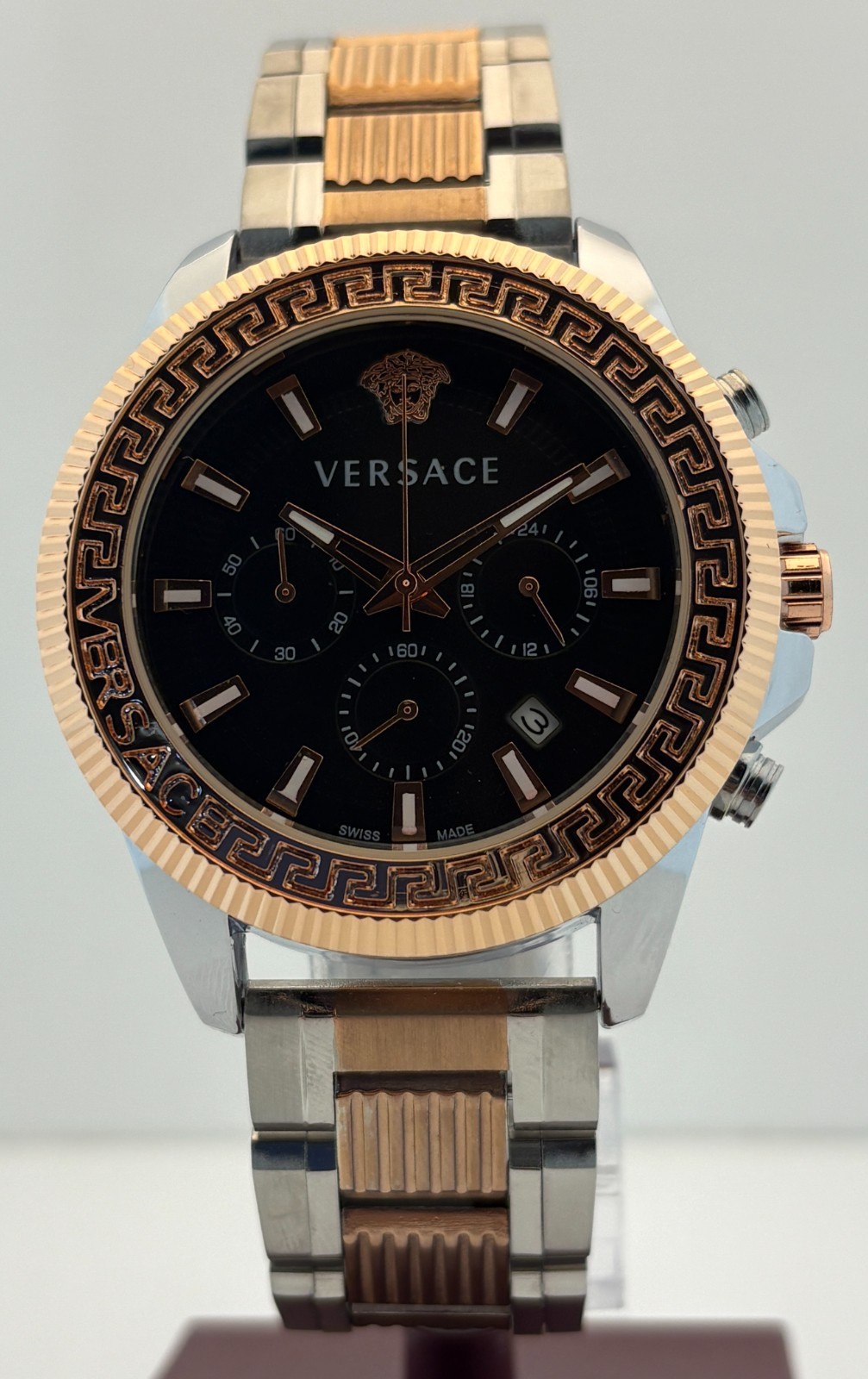 Refurbished Versace Greca Action Chrono Quartz Black Dial Two-Tone Wristwatch