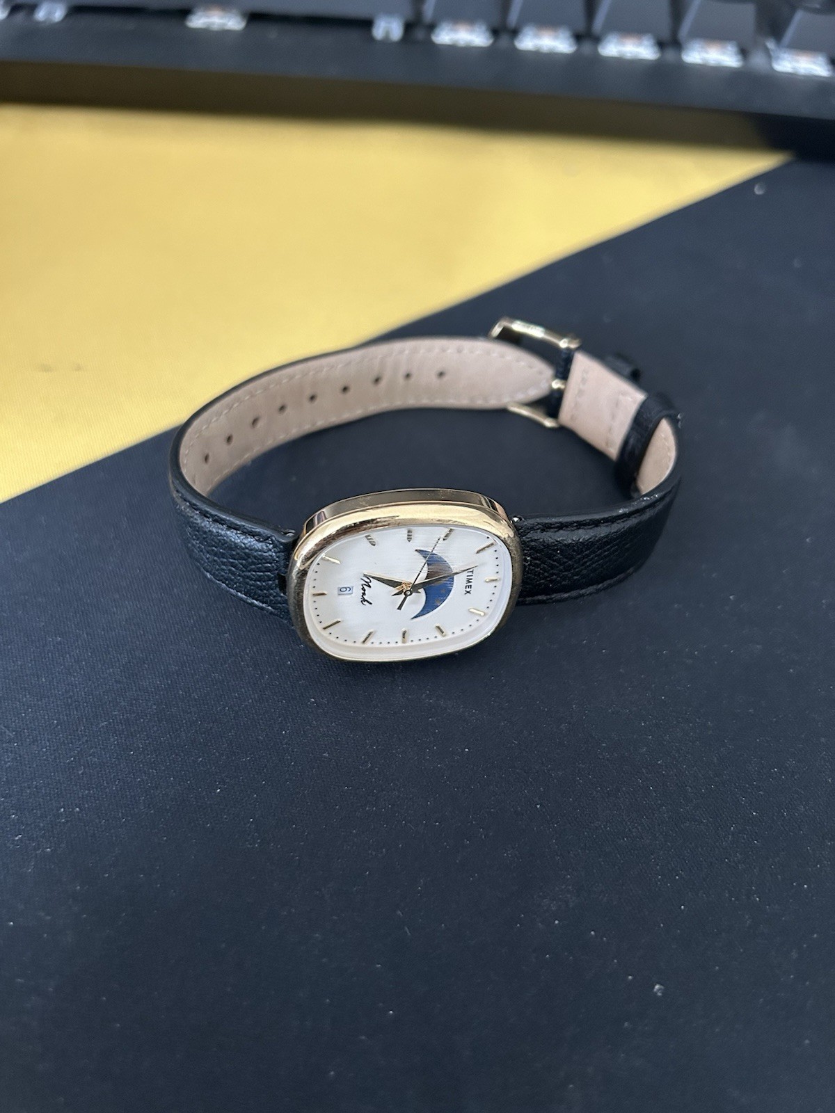 NOAH x TIMEX Oval Moon Phase Watch Black Leather Strap Gold Case