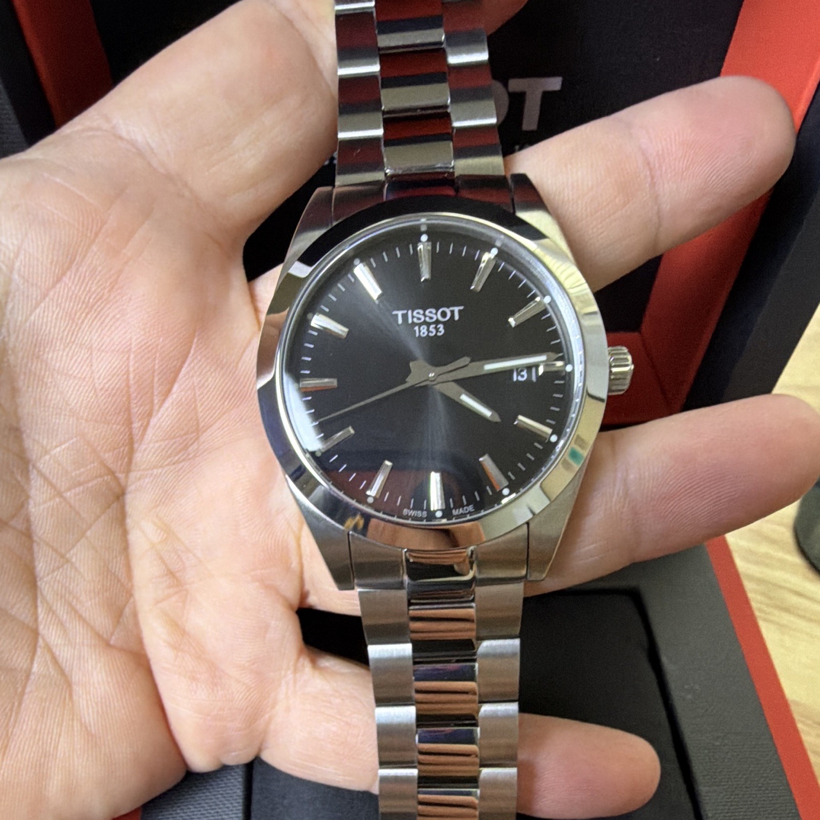 Tissot Quartz Black Sunburst Dial 40mm Date Sapphire Steel Bracelet 100m w/ Box